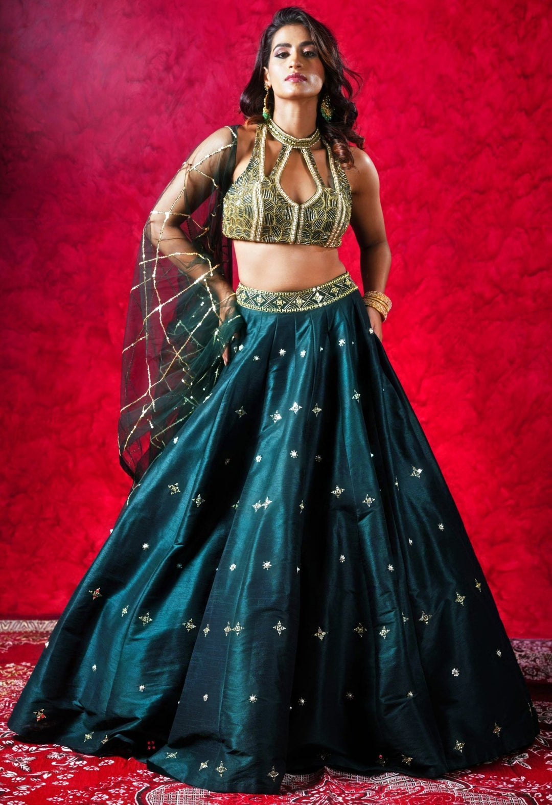 Dark Green Hand Embellished Silk Lehenga Set With Net Dupatta Rashika Sharma - Fabilicious Fashion