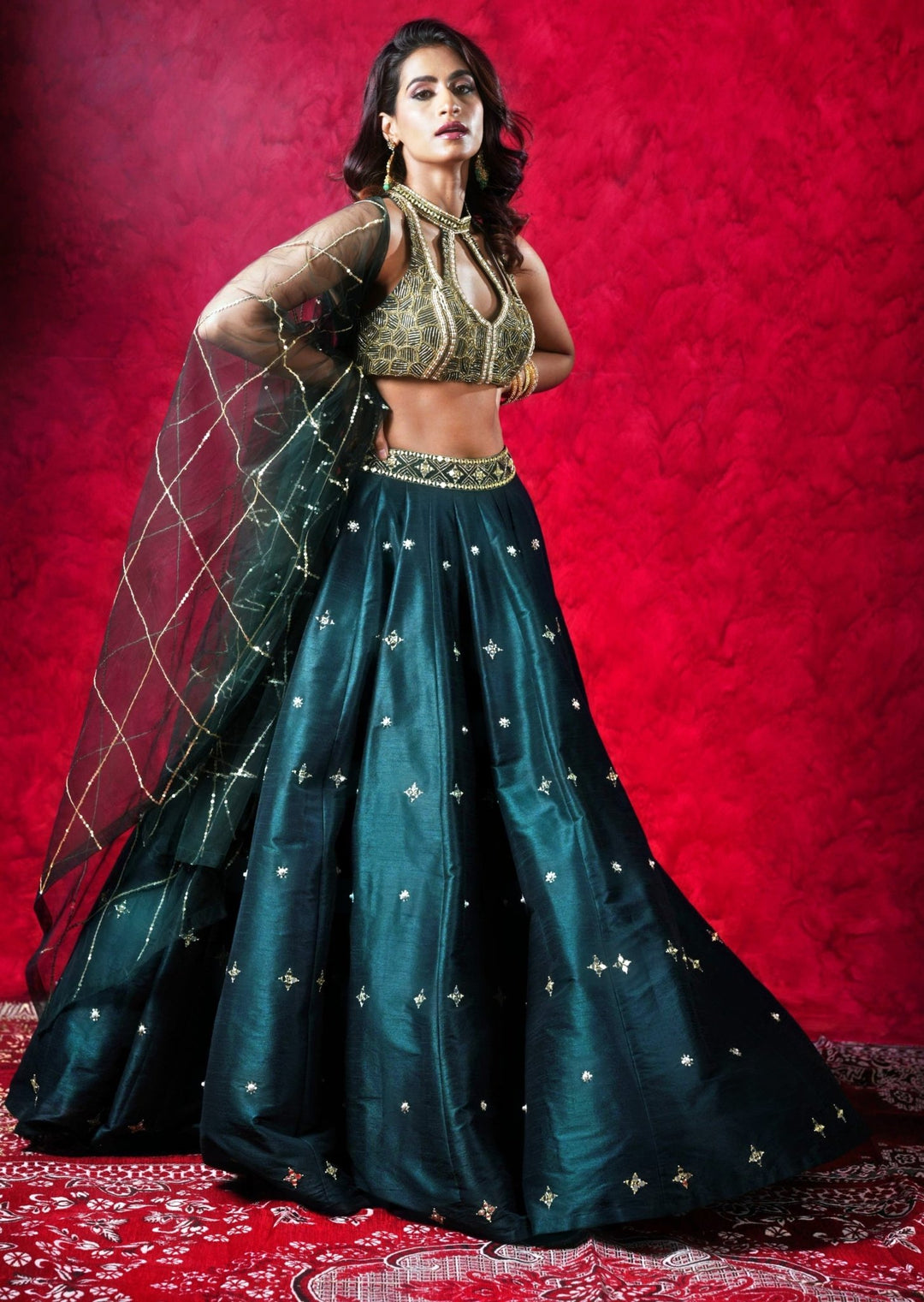 Dark Green Hand Embellished Silk Lehenga Set With Net Dupatta Rashika Sharma - Fabilicious Fashion