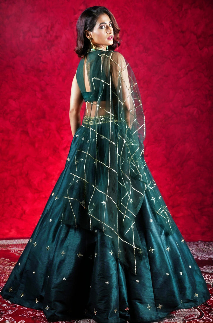 Dark Green Hand Embellished Silk Lehenga Set With Net Dupatta Rashika Sharma - Fabilicious Fashion