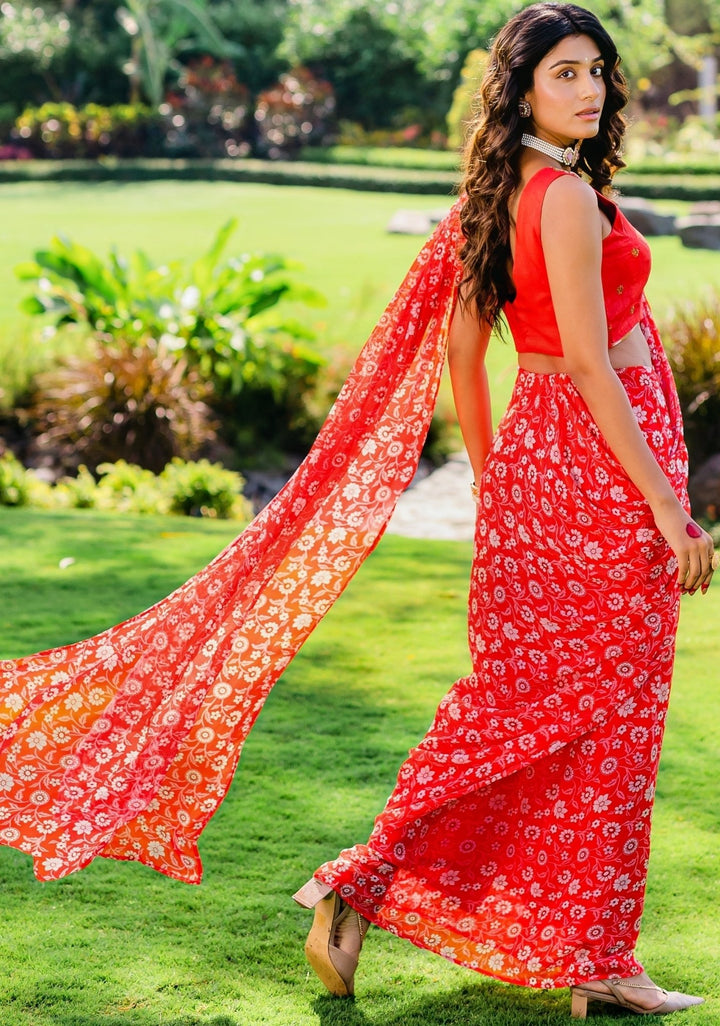 Dark Red Floral Printed Pre- Draped Saree With Embellished Silk Blouse Redpine - Fabilicious Fashion