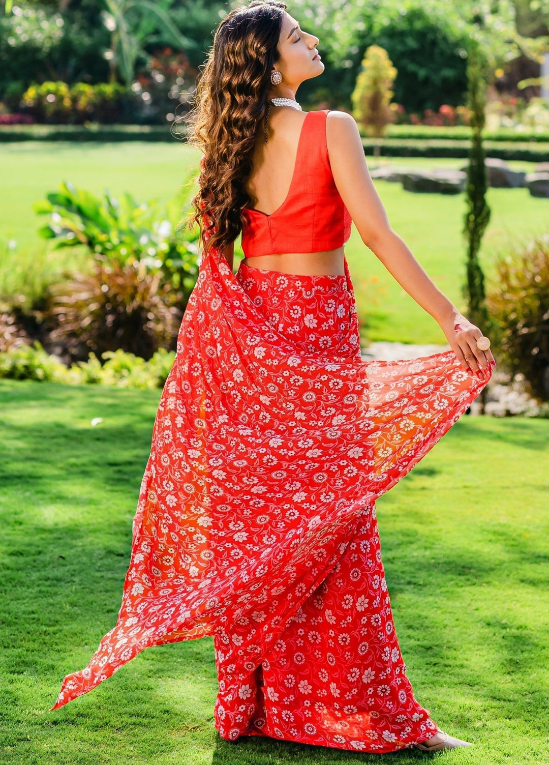 Dark Red Floral Printed Pre- Draped Saree With Embellished Silk Blouse Redpine - Fabilicious Fashion