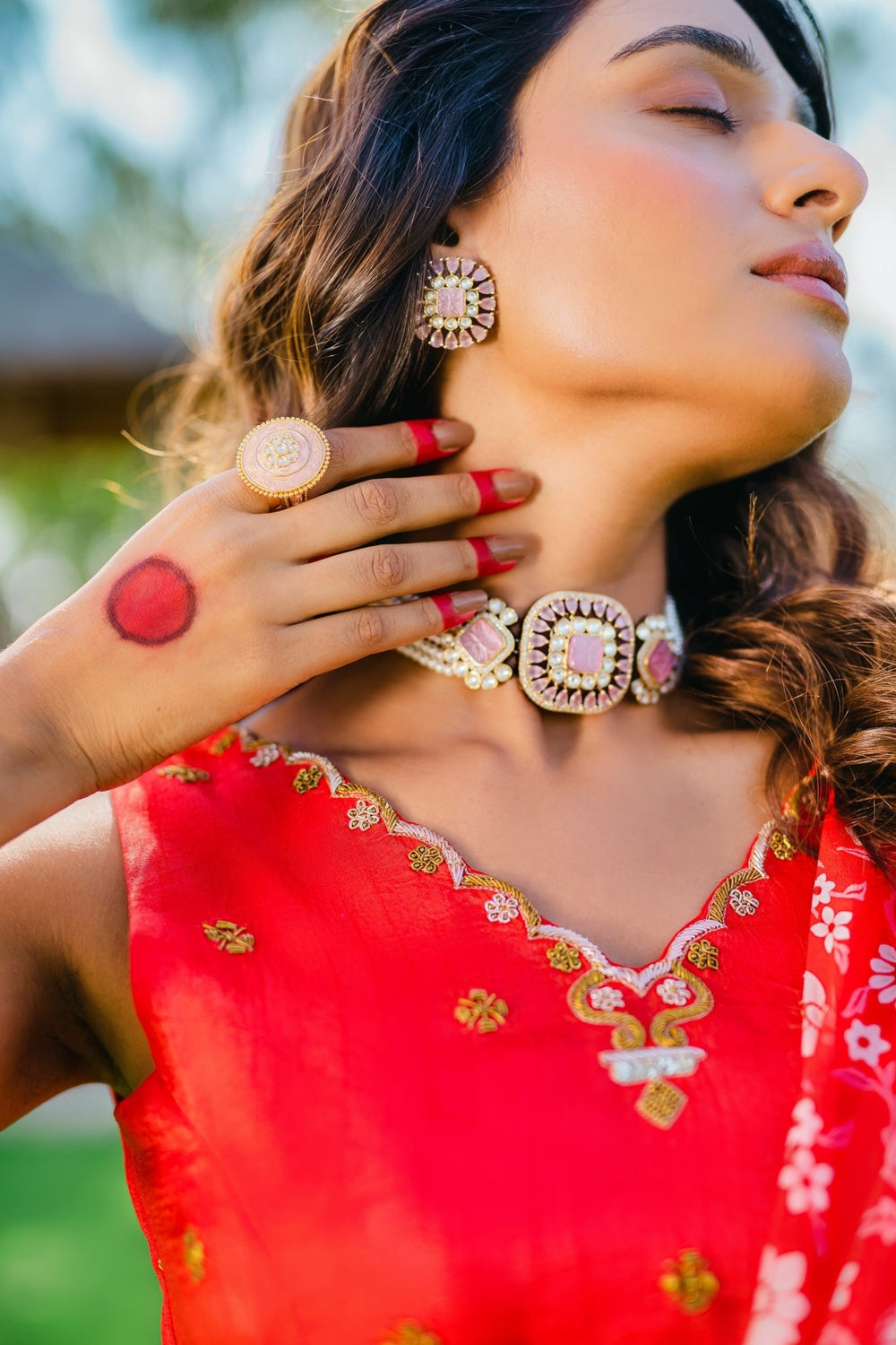 Dark Red Floral Printed Pre- Draped Saree With Embellished Silk Blouse Redpine - Fabilicious Fashion