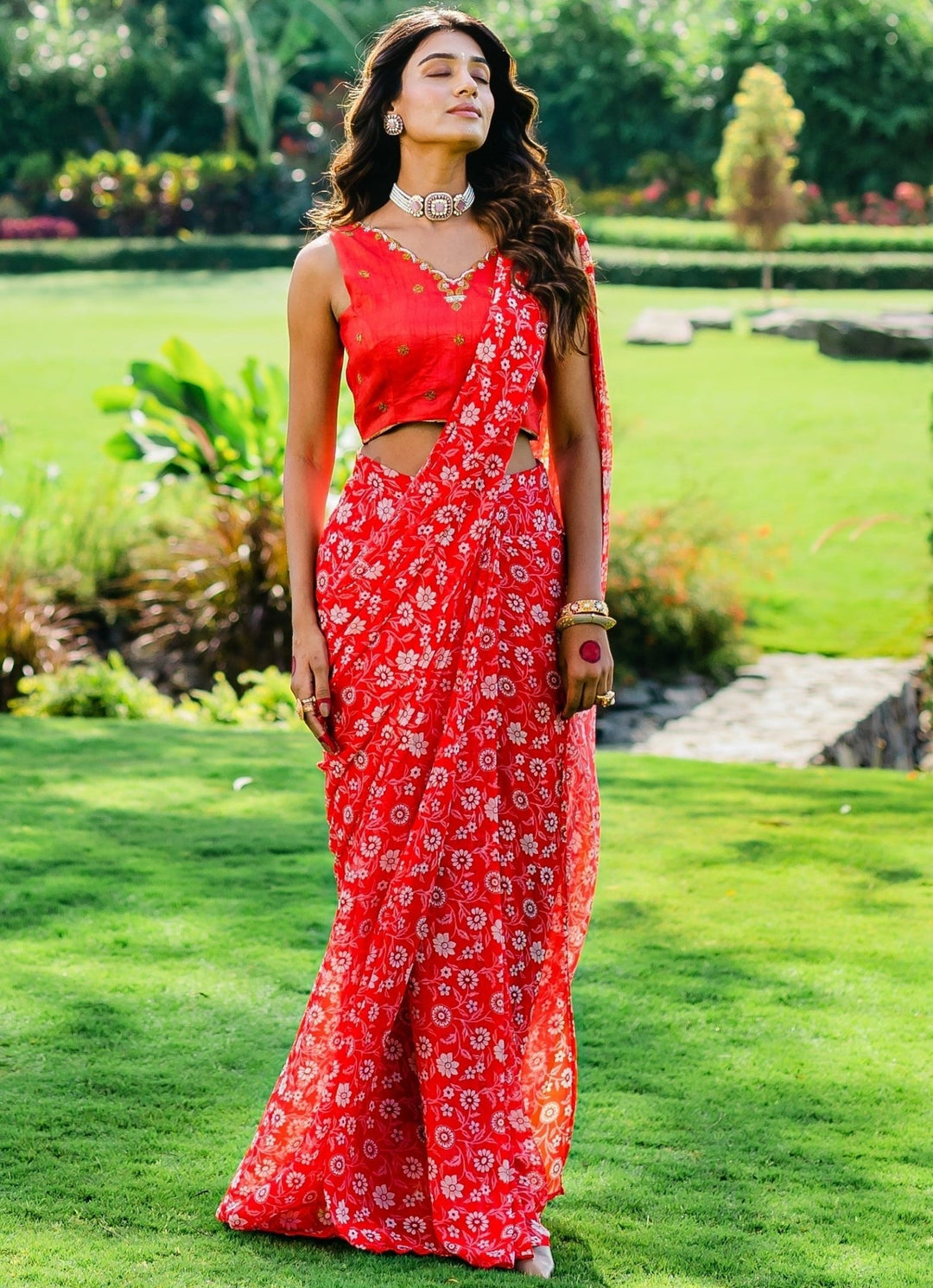 Dark Red Floral Printed Pre- Draped Saree With Embellished Silk Blouse Redpine - Fabilicious Fashion