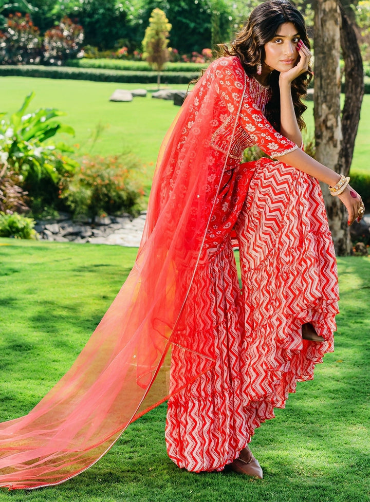 Dark Red Floral Printed Sharara Set With Net Dupatta Redpine - Fabilicious Fashion