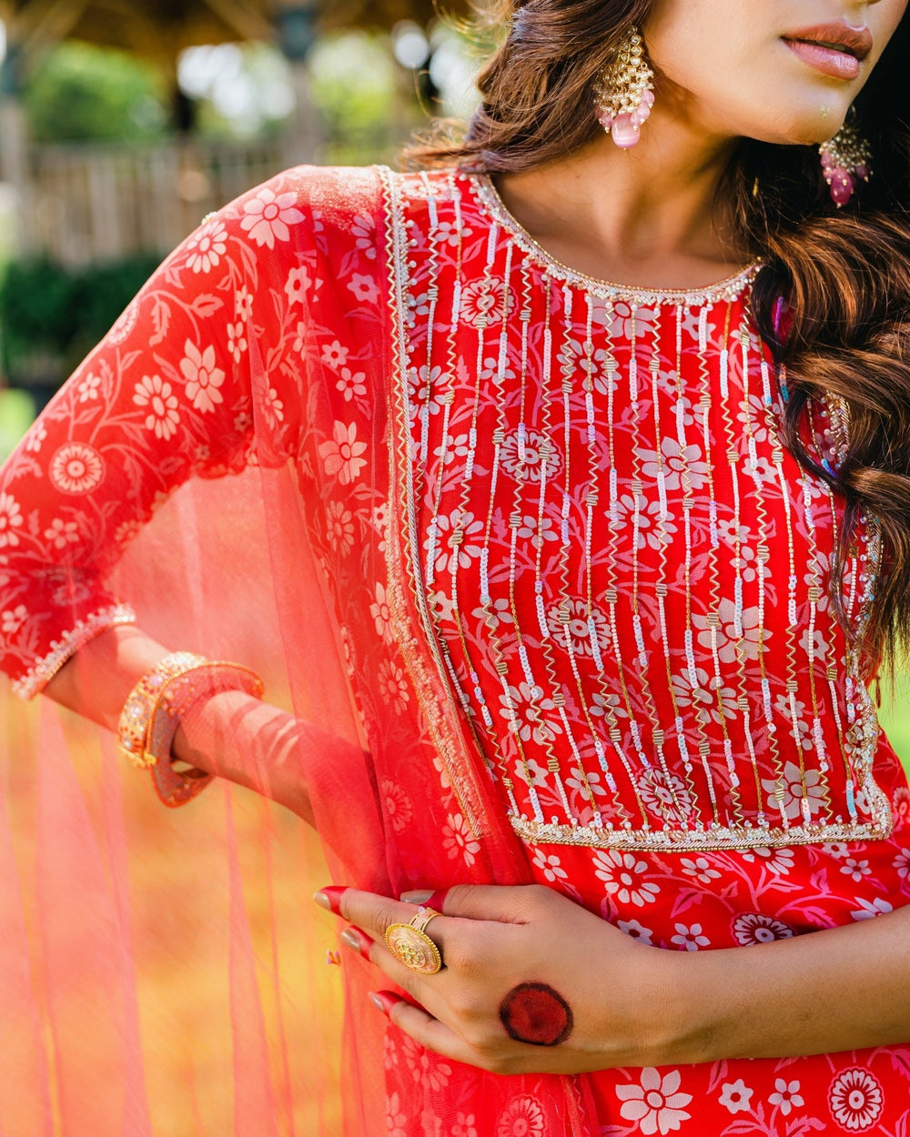 Dark Red Floral Printed Sharara Set With Net Dupatta Redpine - Fabilicious Fashion