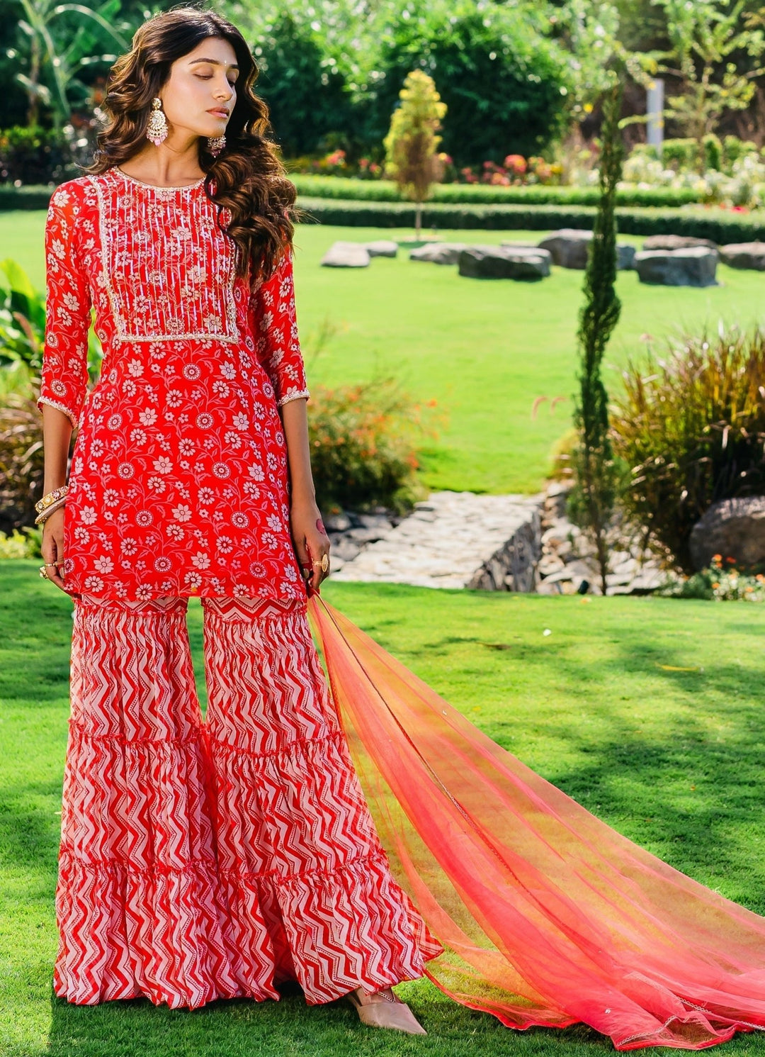 Dark Red Floral Printed Sharara Set With Net Dupatta Redpine - Fabilicious Fashion