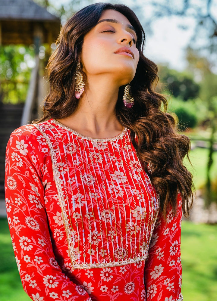 Dark Red Floral Printed Sharara Set With Net Dupatta Redpine - Fabilicious Fashion