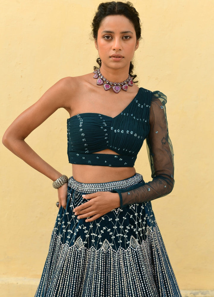 Dark Teal Blue One Shoulder Embroidered Lehenga Set Chamee n Palak - Fabilicious Fashion