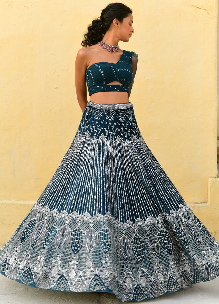 Dark Teal Blue One Shoulder Embroidered Lehenga Set Chamee n Palak - Fabilicious Fashion