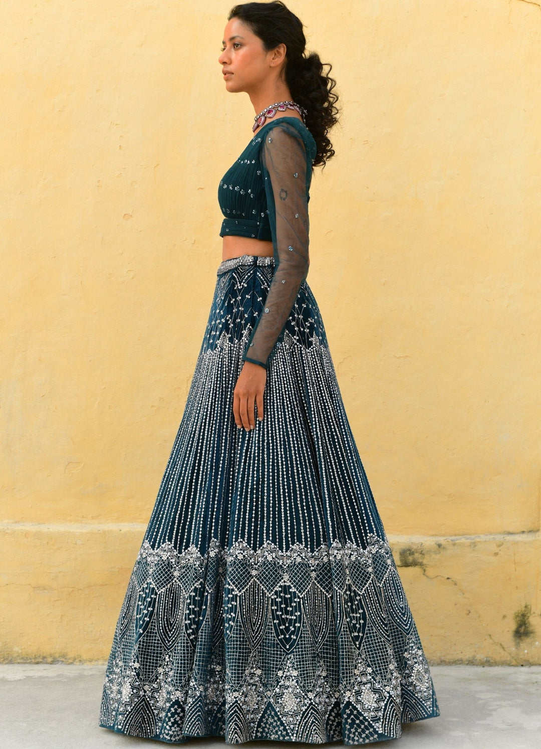 Dark Teal Blue One Shoulder Embroidered Lehenga Set Chamee n Palak - Fabilicious Fashion