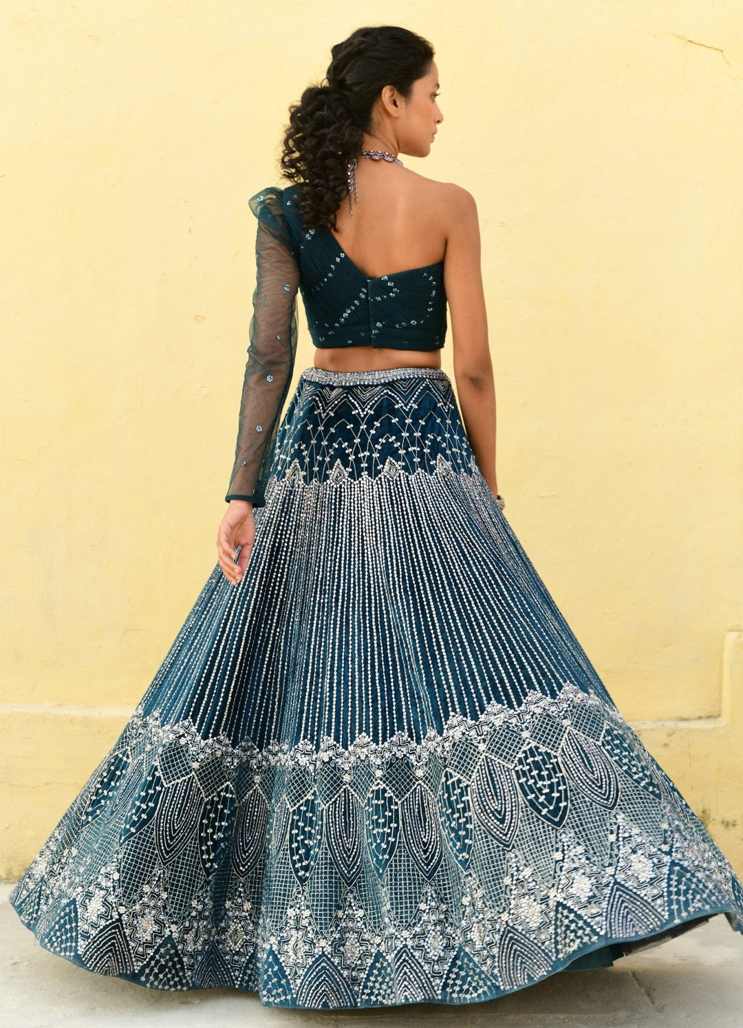 Dark Teal Blue One Shoulder Embroidered Lehenga Set Chamee n Palak - Fabilicious Fashion