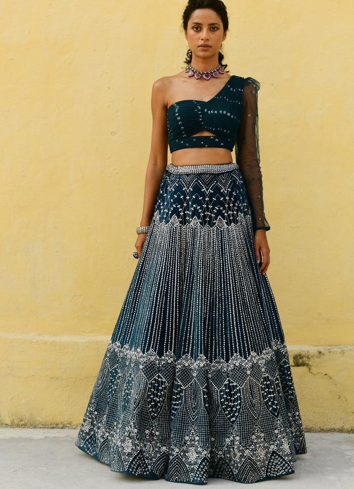 Dark Teal Blue One Shoulder Embroidered Lehenga Set Chamee n Palak - Fabilicious Fashion