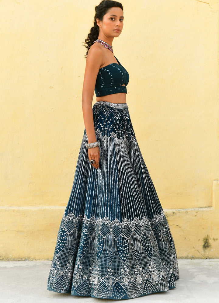 Dark Teal Blue One Shoulder Embroidered Lehenga Set Chamee n Palak - Fabilicious Fashion