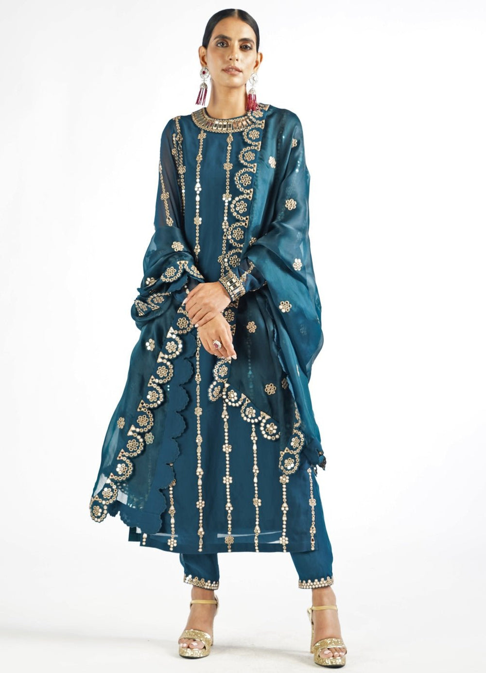 Dark Teal Embellished Long Kurta With Pants Set Vvani by Vani Vats - Fabilicious Fashion