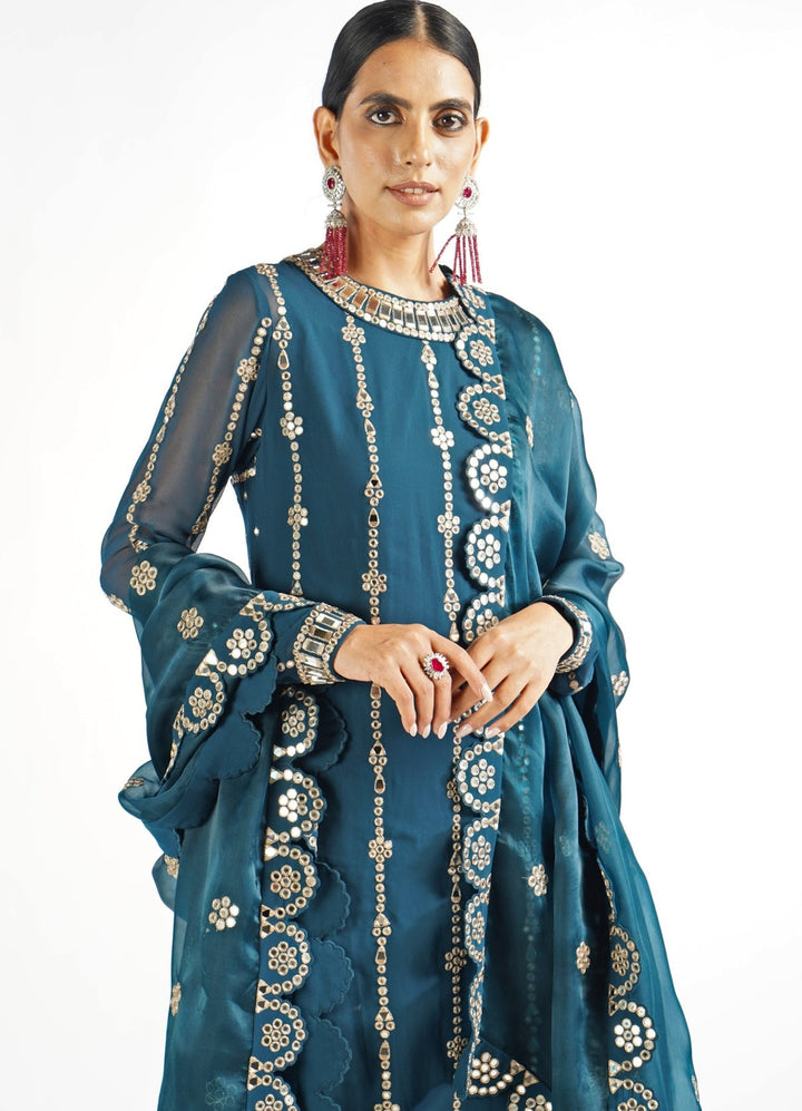 Dark Teal Embellished Long Kurta With Pants Set Vvani by Vani Vats - Fabilicious Fashion