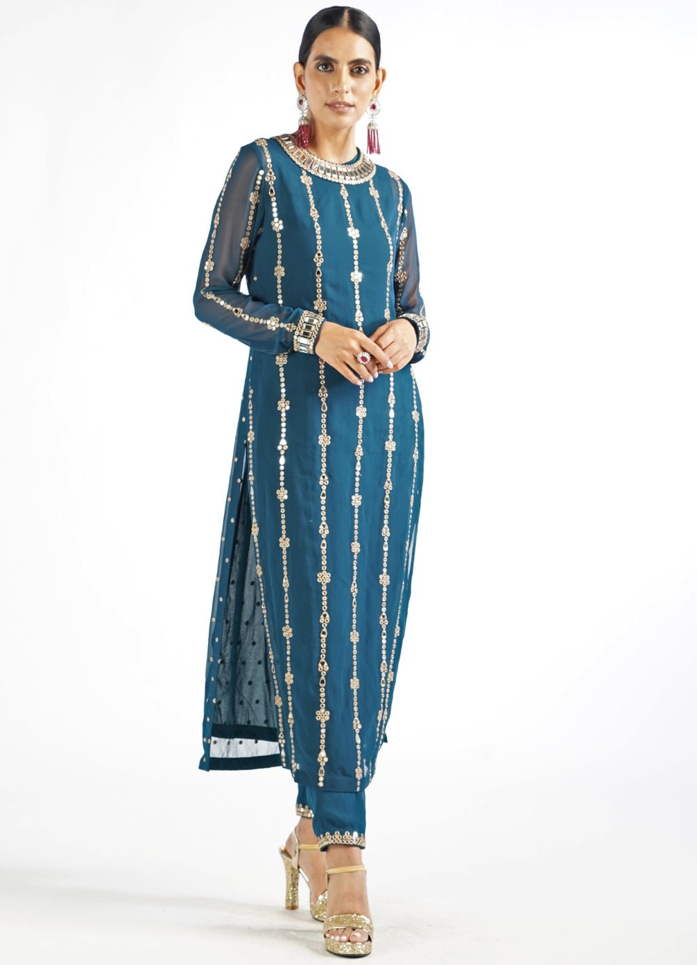 Dark Teal Embellished Long Kurta With Pants Set Vvani by Vani Vats - Fabilicious Fashion