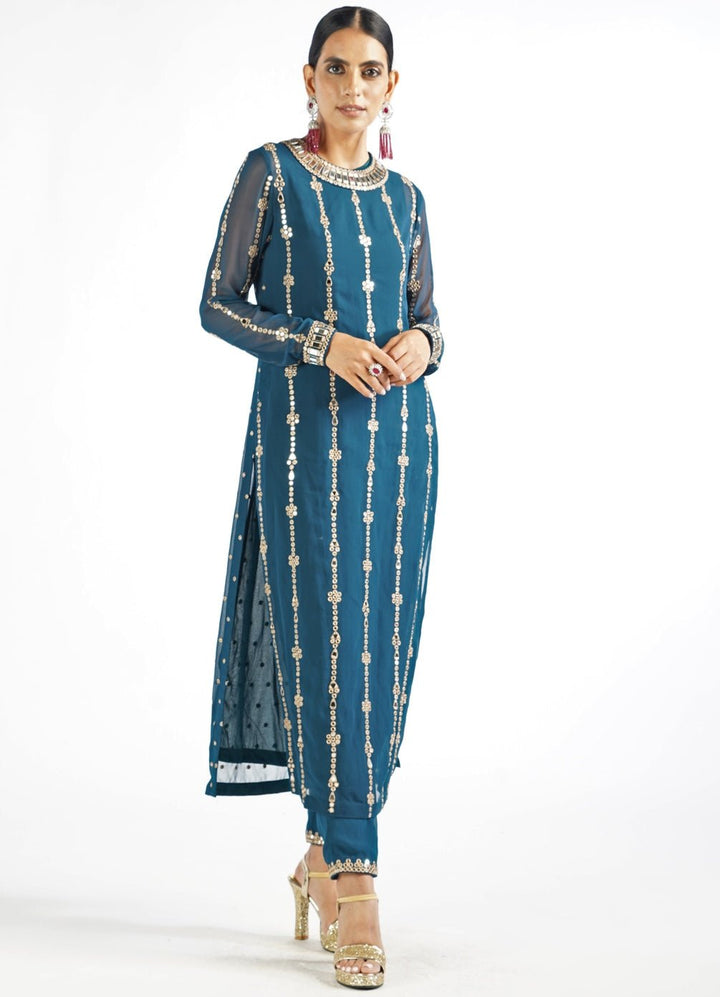 Dark Teal Embellished Long Kurta With Pants Set Vvani by Vani Vats - Fabilicious Fashion