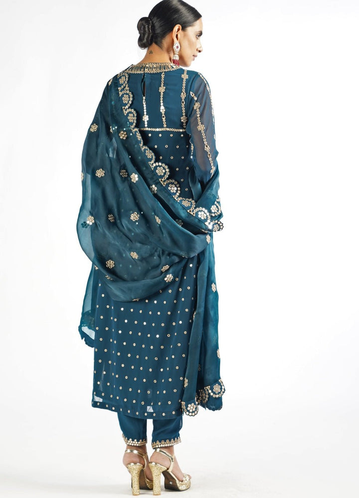 Dark Teal Embellished Long Kurta With Pants Set Vvani by Vani Vats - Fabilicious Fashion
