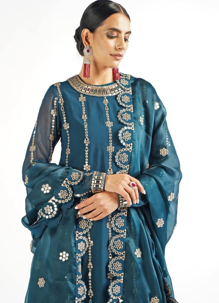 Dark Teal Embellished Long Kurta With Pants Set Vvani by Vani Vats - Fabilicious Fashion