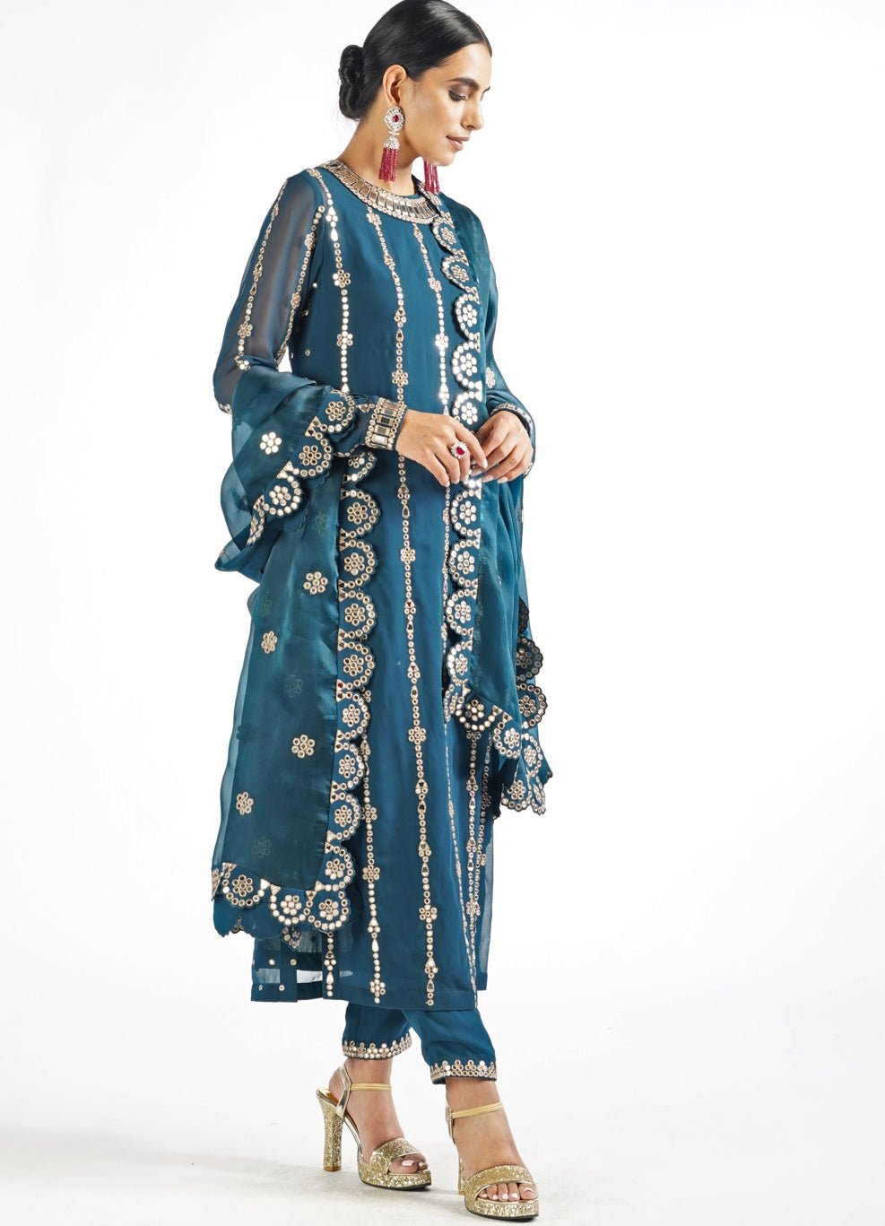 Dark Teal Embellished Long Kurta With Pants Set Vvani by Vani Vats - Fabilicious Fashion