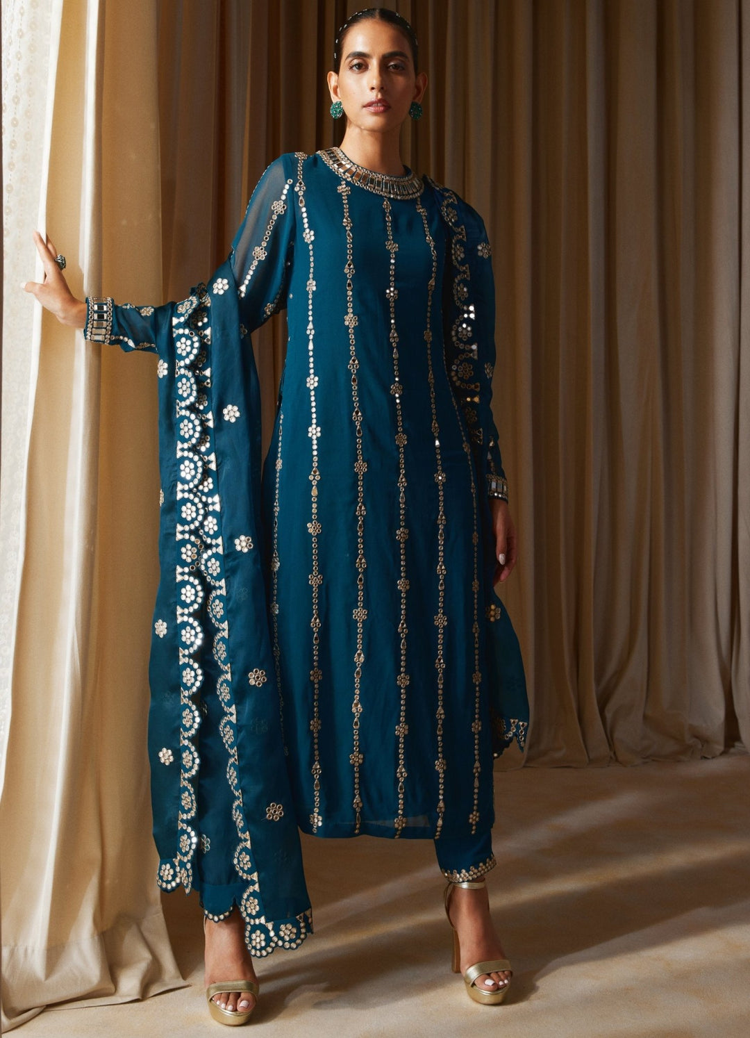 Dark Teal Embellished Long Kurta With Pants Set Vvani by Vani Vats - Fabilicious Fashion