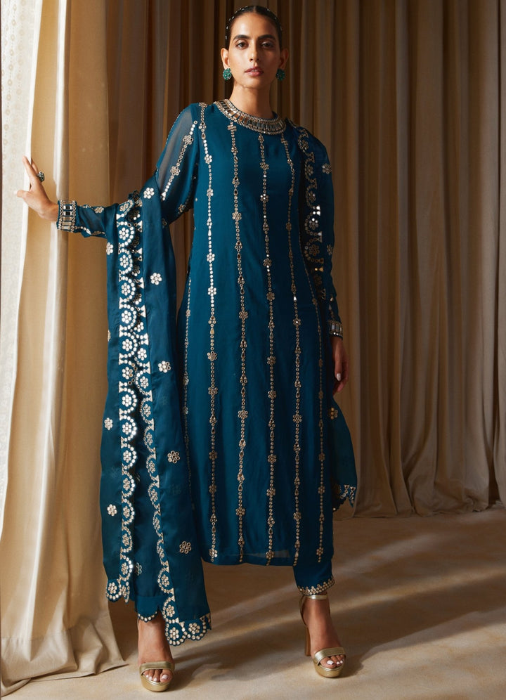 Dark Teal Embellished Long Kurta With Pants Set Vvani by Vani Vats - Fabilicious Fashion