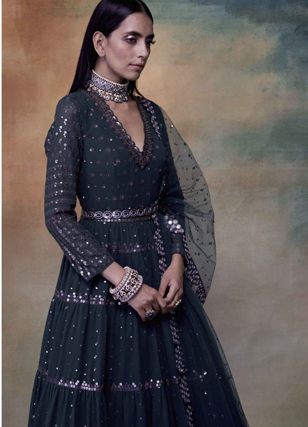 Dark Teal Green Tiered Anarkali Vvani by Vani Vats - Fabilicious Fashion