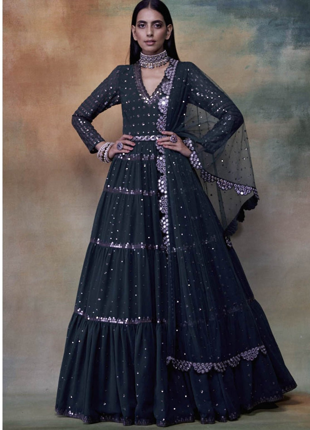 Dark Teal Green Tiered Anarkali Vvani by Vani Vats - Fabilicious Fashion