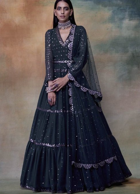 Dark Teal Green Tiered Anarkali Vvani by Vani Vats - Fabilicious Fashion