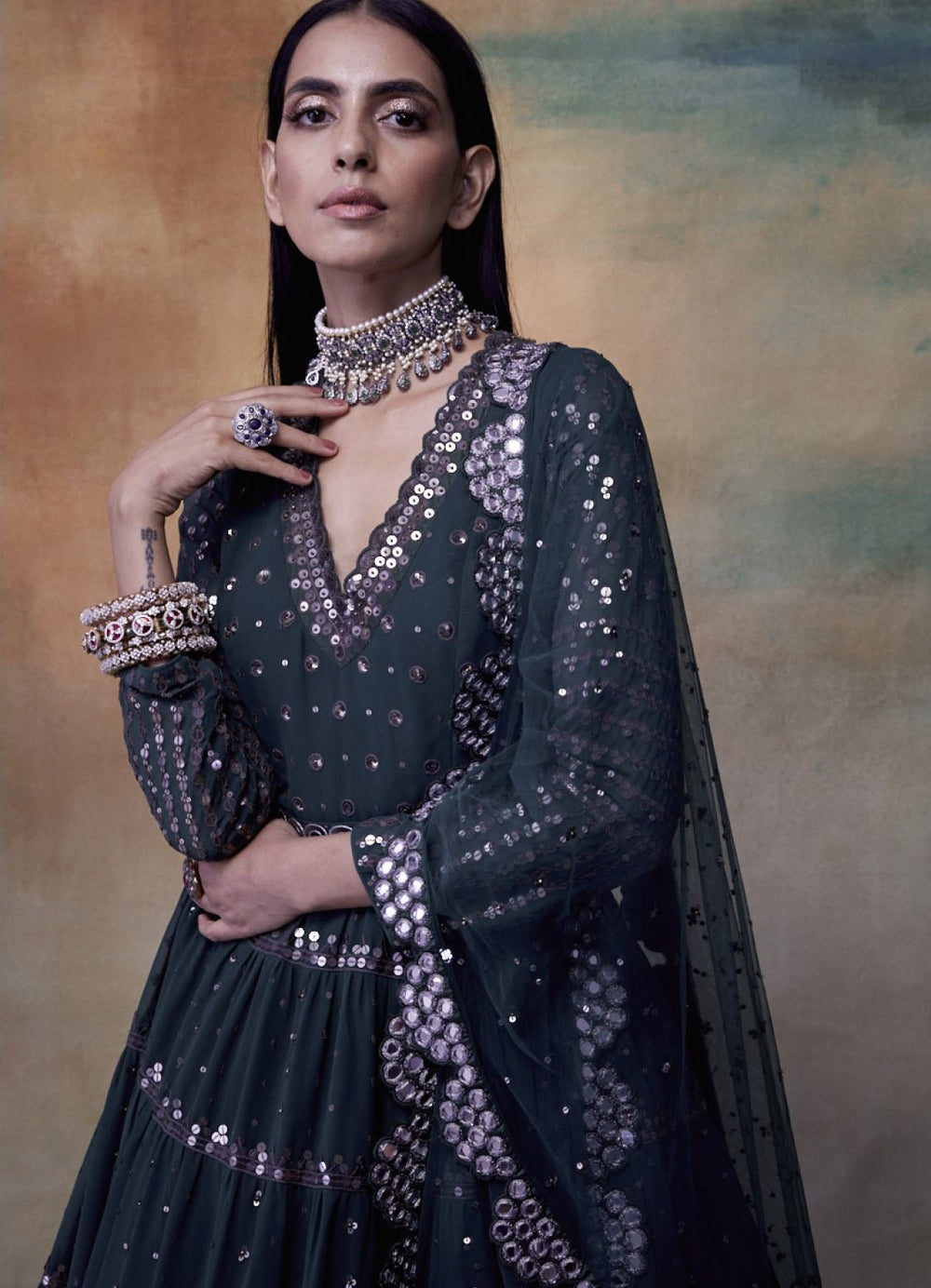 Dark Teal Green Tiered Anarkali Vvani by Vani Vats - Fabilicious Fashion