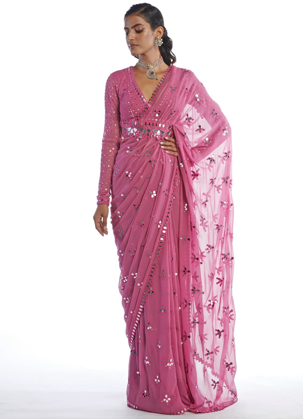 Deep Blush Pink Mirror Cut Work Saree Set Vvani by Vani Vats - Fabilicious Fashion