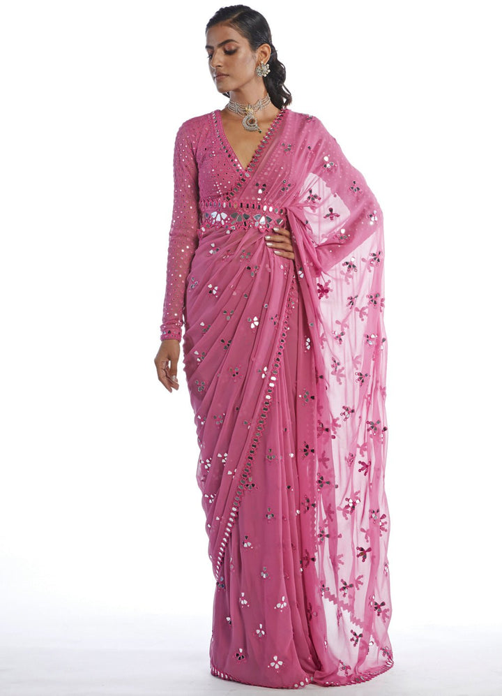 Deep Blush Pink Mirror Cut Work Saree Set Vvani by Vani Vats - Fabilicious Fashion