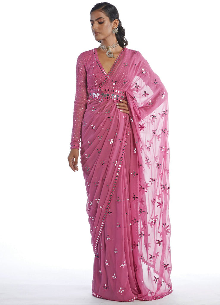 Deep Blush Pink Mirror Cut Work Saree Set - Vvani by Vani Vats- Fabilicious  Fashion