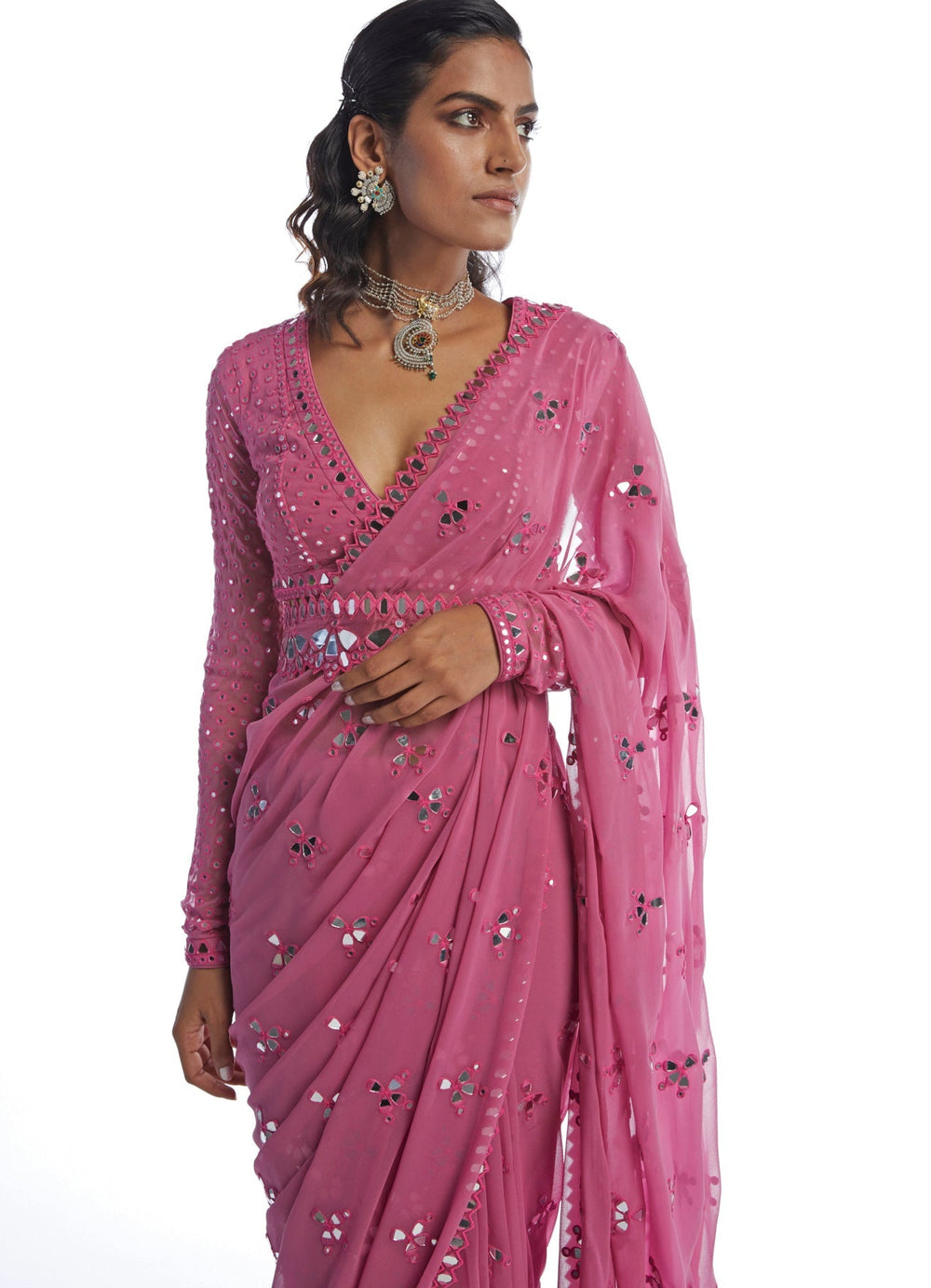 Deep Blush Pink Mirror Cut Work Saree Set Vvani by Vani Vats - Fabilicious Fashion