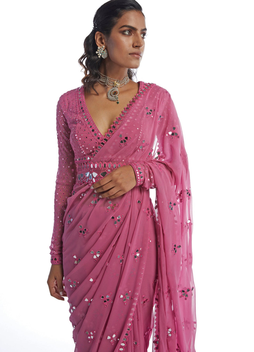 Deep Blush Pink Mirror Cut Work Saree Set Vvani by Vani Vats - Fabilicious Fashion