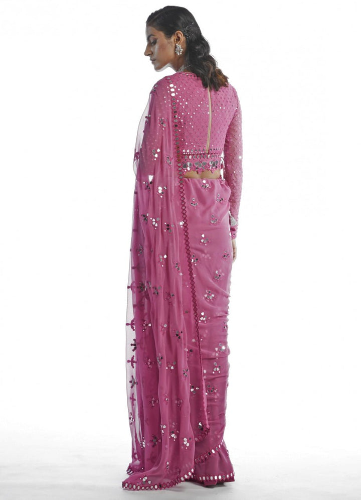 Deep Blush Pink Mirror Cut Work Saree Set Vvani by Vani Vats - Fabilicious Fashion