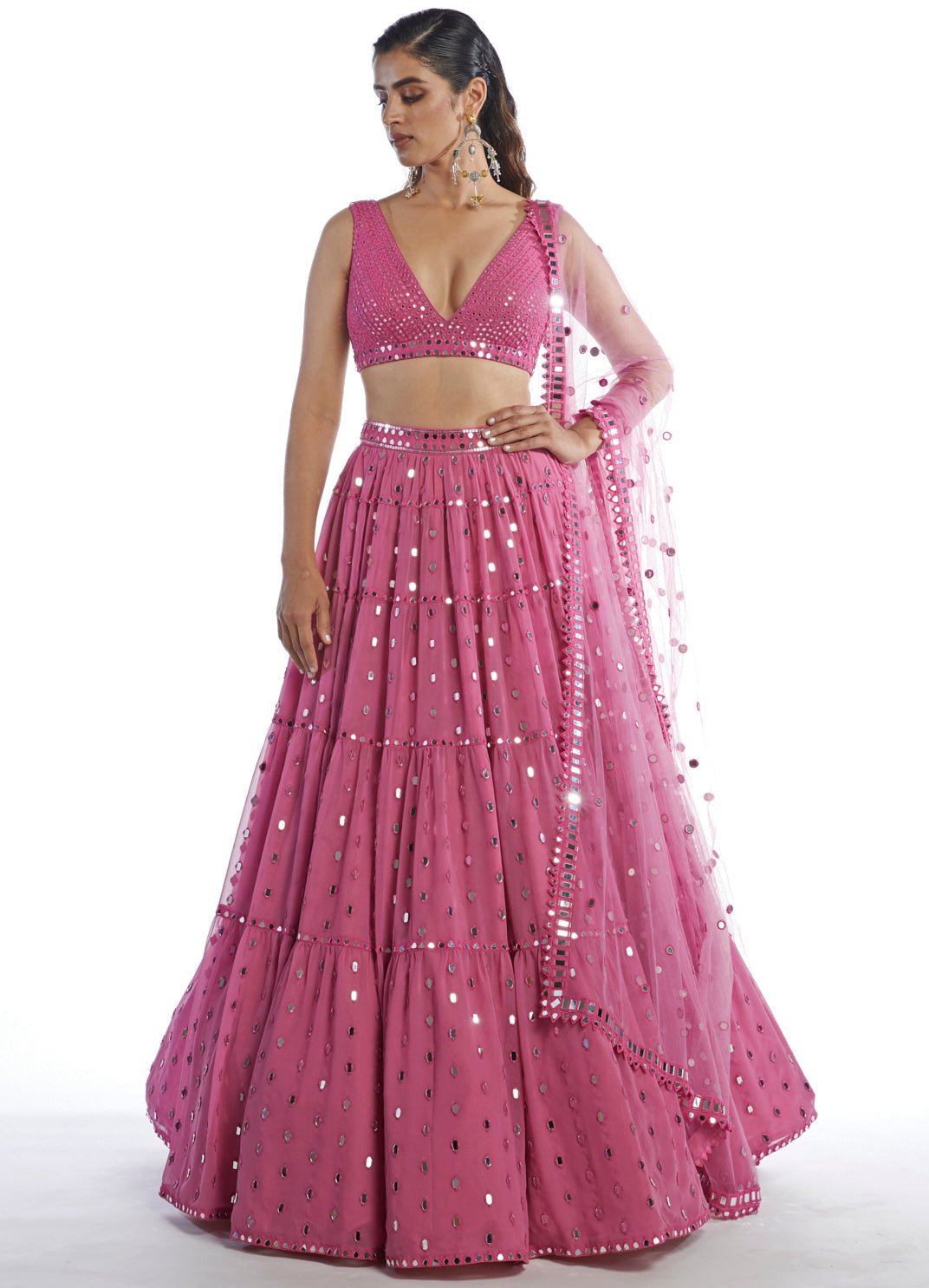 Deep Blush Pink Tiered Lehenga Set Vvani by Vani Vats - Fabilicious Fashion