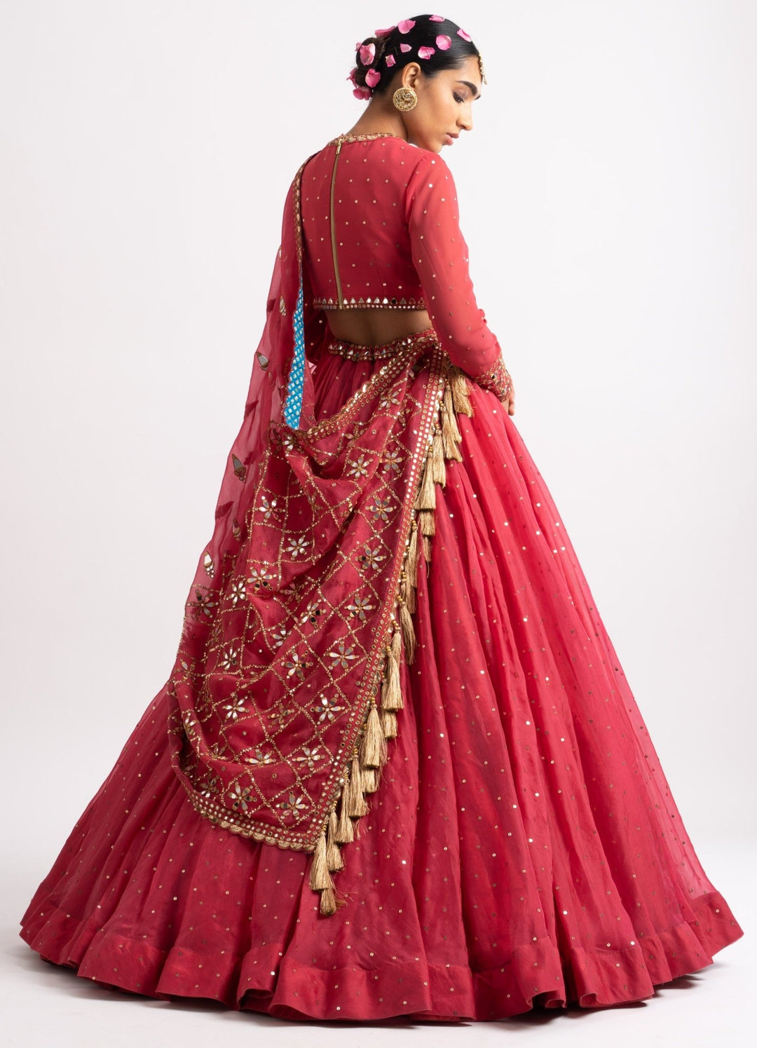Deep Coral Silk Organza Heavy Dupatta Lehenga Set Vvani by Vani Vats - Fabilicious Fashion
