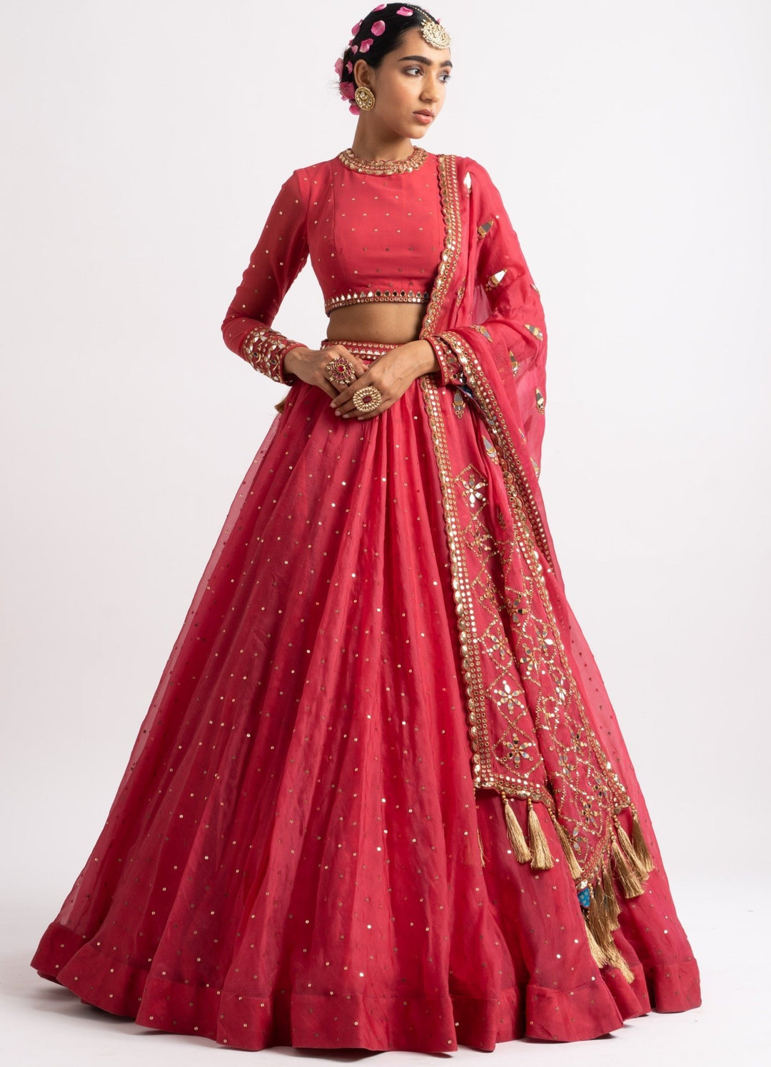 Deep Coral Silk Organza Heavy Dupatta Lehenga Set Vvani by Vani Vats - Fabilicious Fashion
