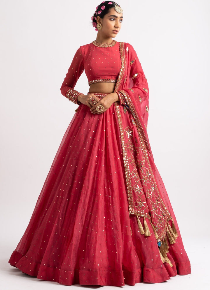 Deep Coral Silk Organza Heavy Dupatta Lehenga Set Vvani by Vani Vats - Fabilicious Fashion