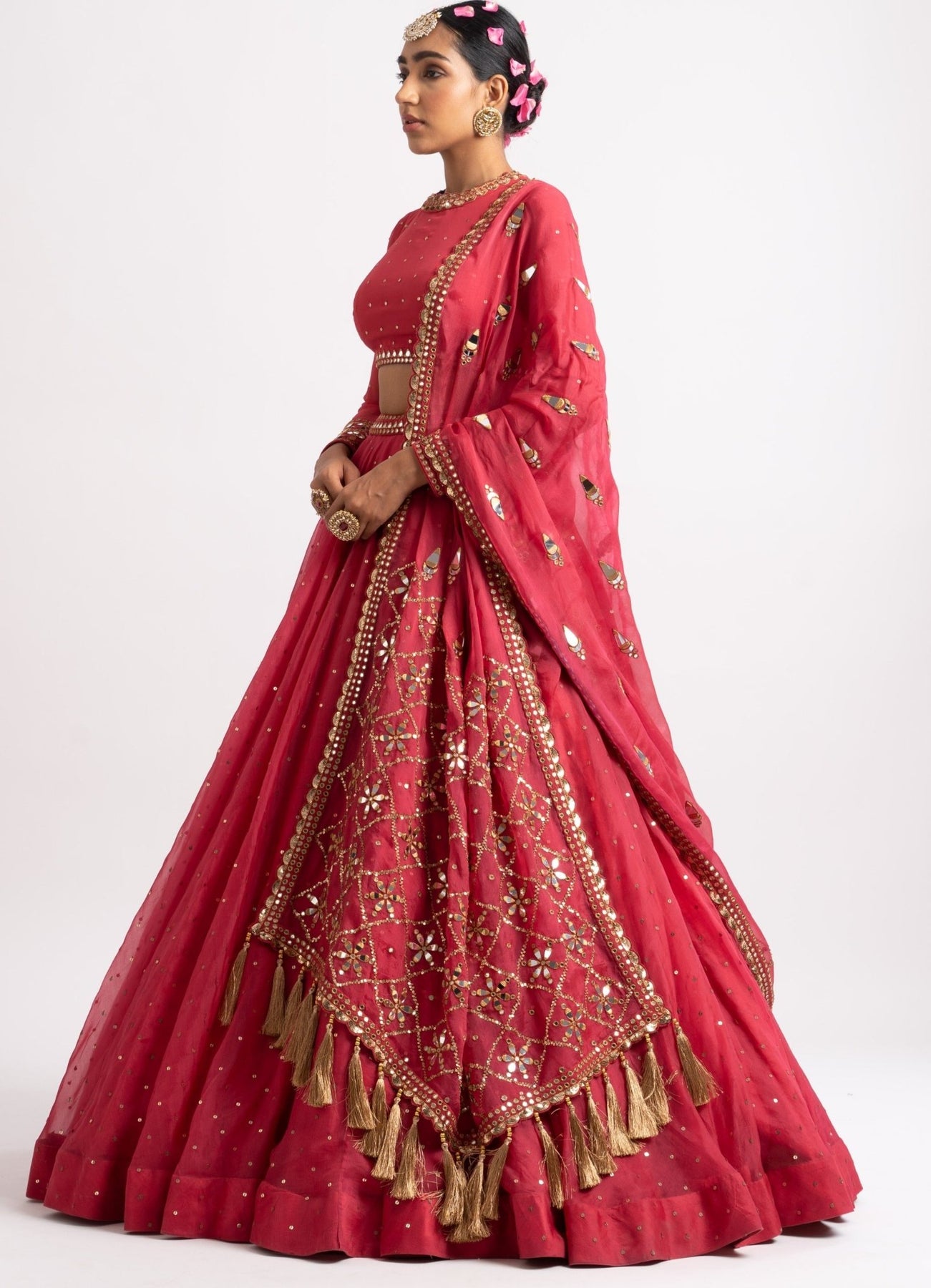 Deep Coral Silk Organza Heavy Dupatta Lehenga Set