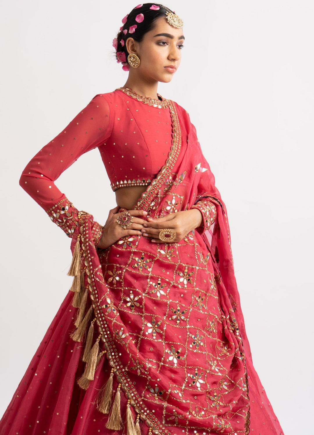Deep Coral Silk Organza Heavy Dupatta Lehenga Set Vvani by Vani Vats - Fabilicious Fashion
