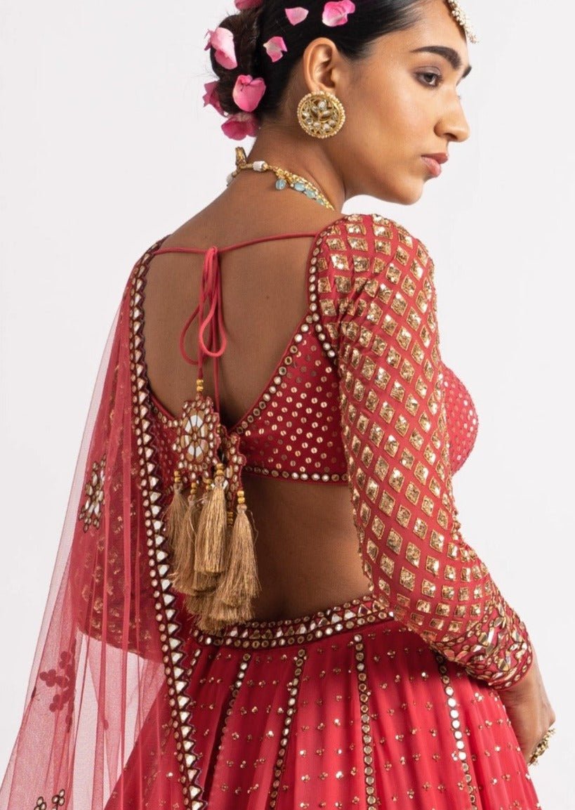 Deep Coral Single Tier Lehenga Set Vvani by Vani Vats - Fabilicious Fashion