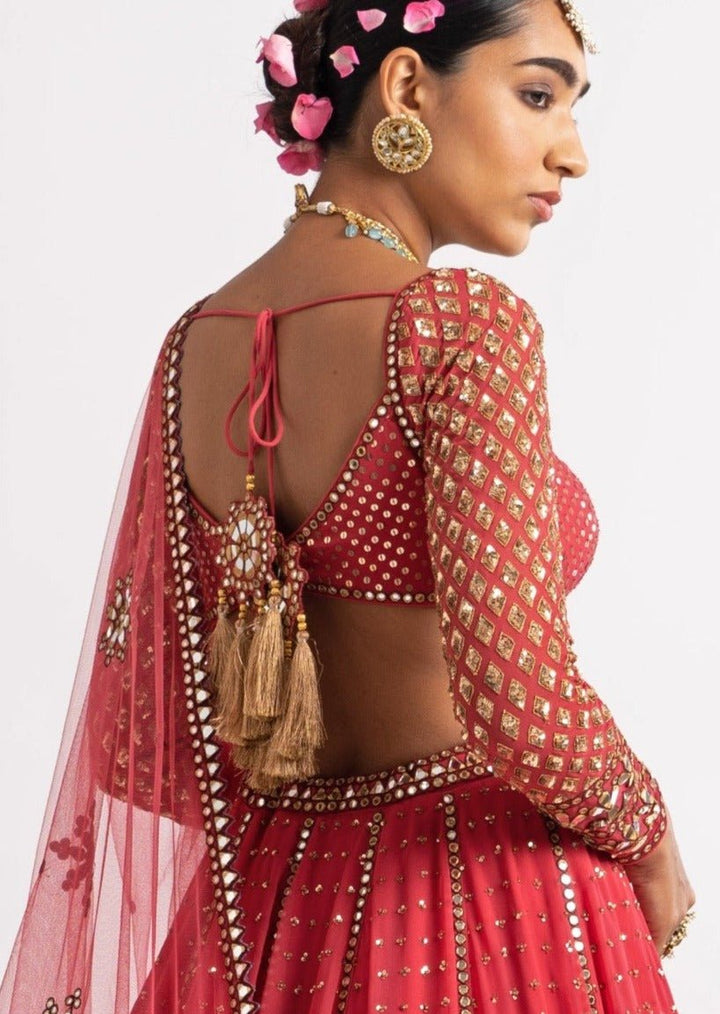 Deep Coral Single Tier Lehenga Set Vvani by Vani Vats - Fabilicious Fashion