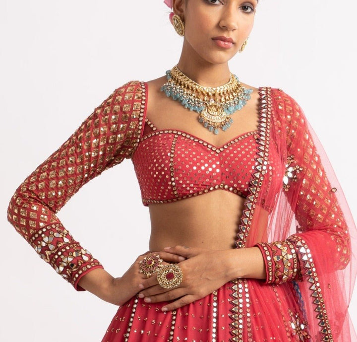 Deep Coral Single Tier Lehenga Set Vvani by Vani Vats - Fabilicious Fashion
