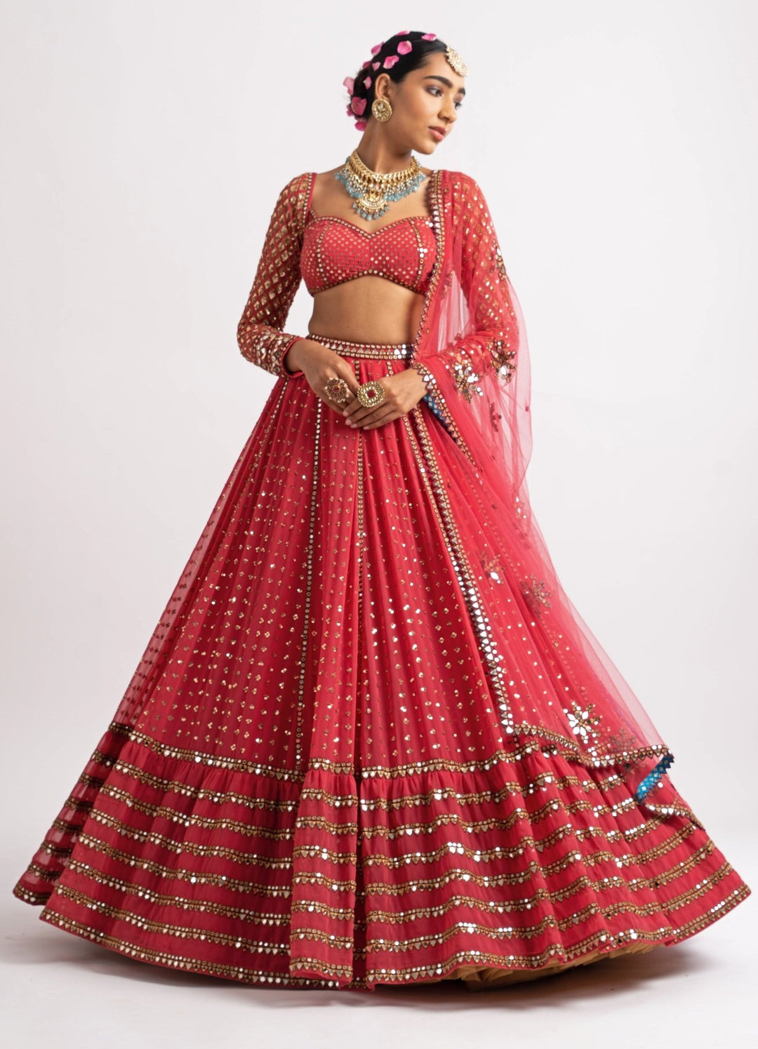 Deep Coral Single Tier Lehenga Set Vvani by Vani Vats - Fabilicious Fashion