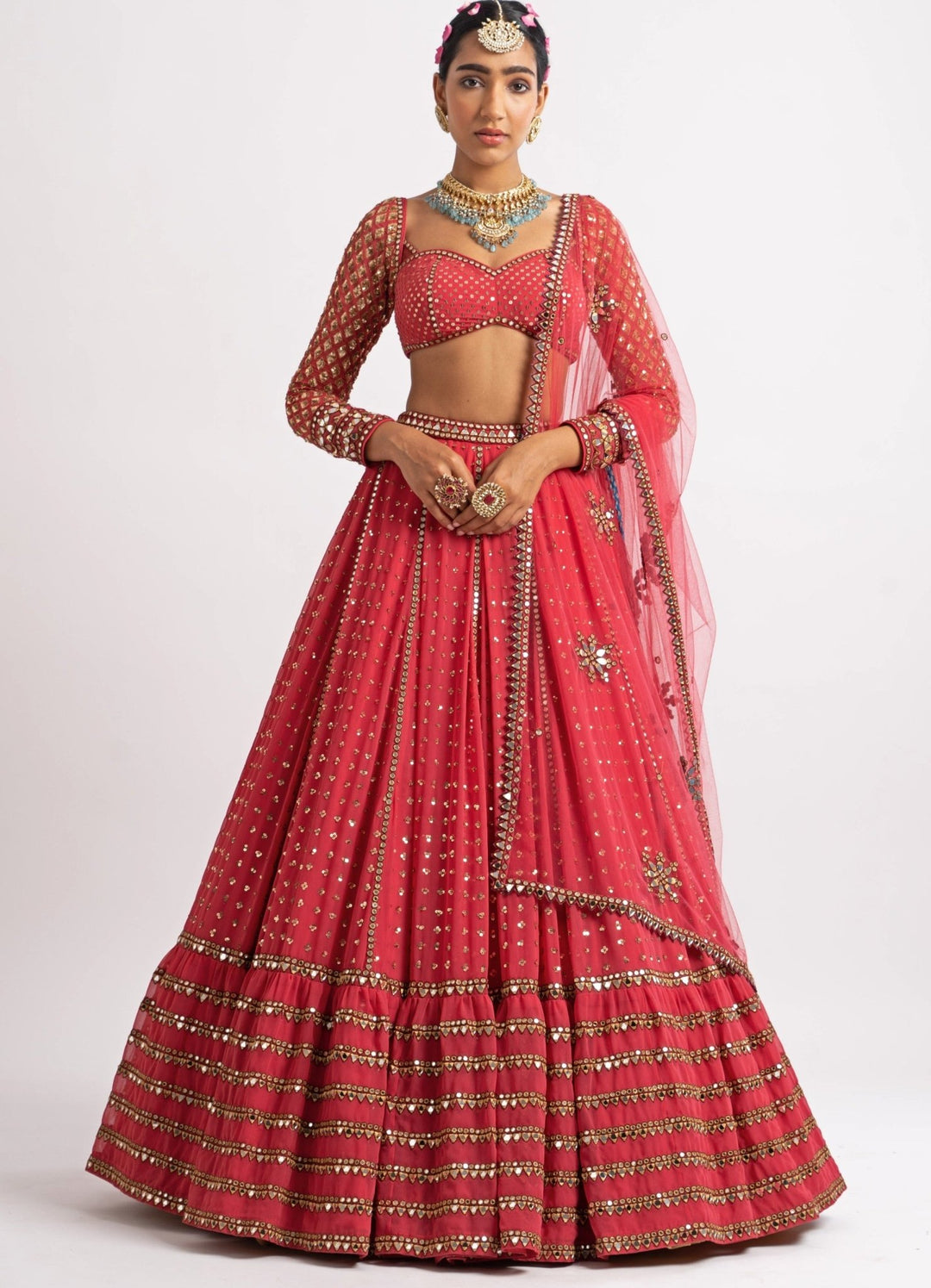 Deep Coral Single Tier Lehenga Set Vvani by Vani Vats - Fabilicious Fashion