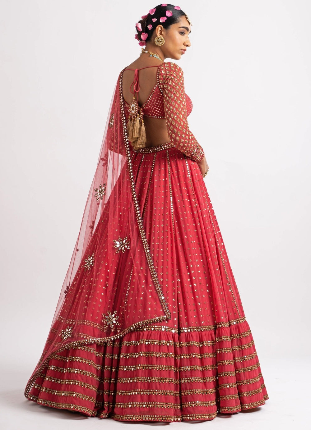 Deep Coral Single Tier Lehenga Set Vvani by Vani Vats - Fabilicious Fashion