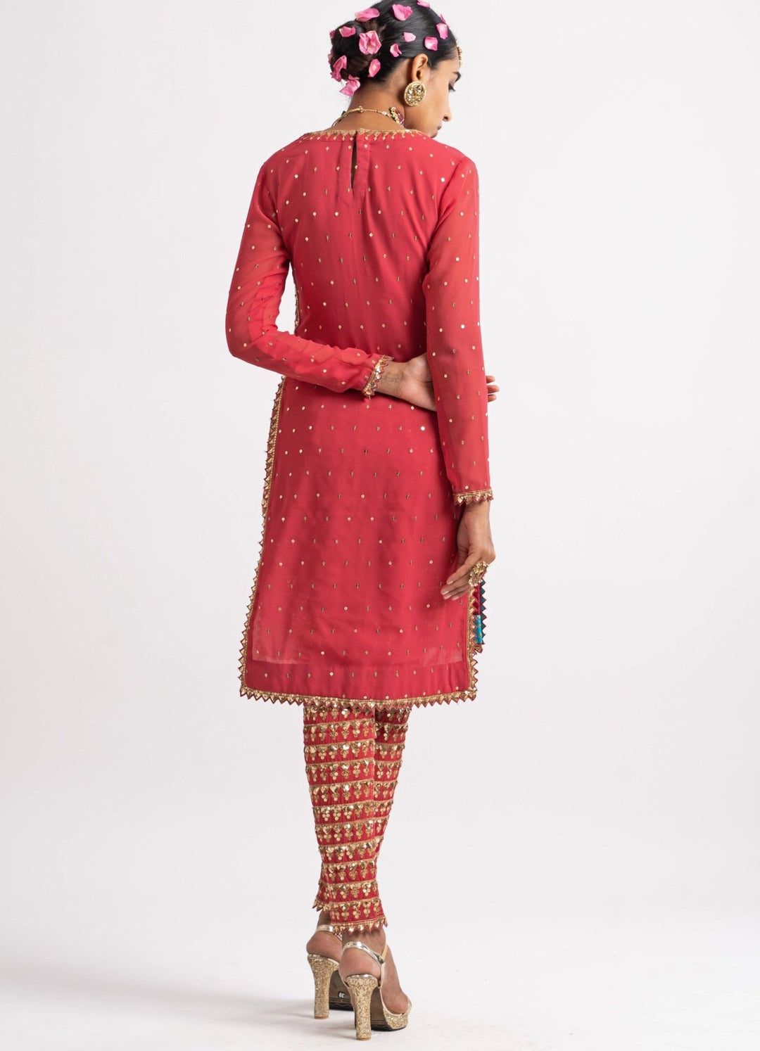 Deep Coral V Neck Heavy Pant Kurta Set Vvani by Vani Vats - Fabilicious Fashion