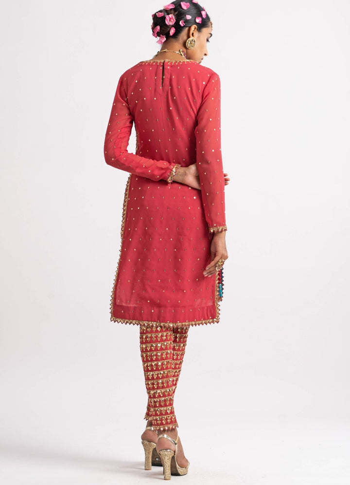 Deep Coral V Neck Heavy Pant Kurta Set Vvani by Vani Vats - Fabilicious Fashion